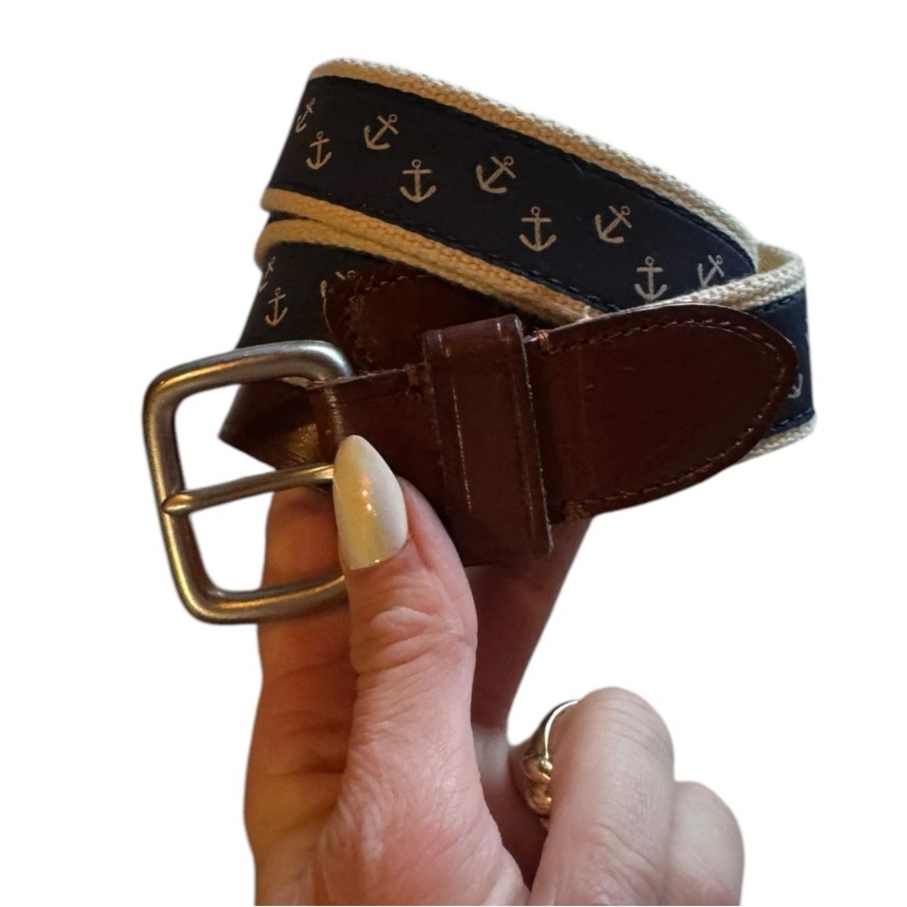 J. CREW Navy Blue & White Anchor Print/Brown Leather Belt Size 36